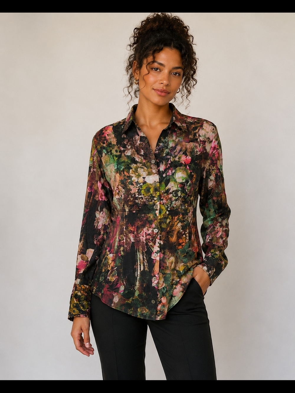 GEORG ROTH Black Abstract Floral Button-Up Sequin Artsy Office Shirt Multi Sz XS